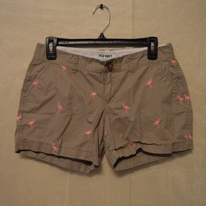 Tan khaki shorts with pink flamingos!